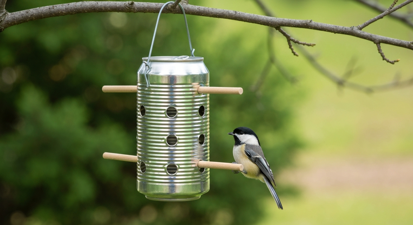Finished DIY aluminum can bird feeder (16 oz) with perches and seed ports, hung from a tree branch; chickadee perched and visible sealant at bottom.