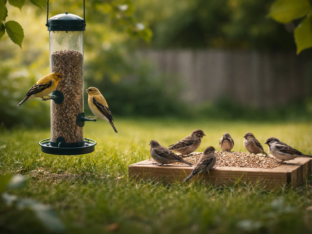 Finches feeding at a tube feeder while other small backyard birds visit a nearby platform feeder
