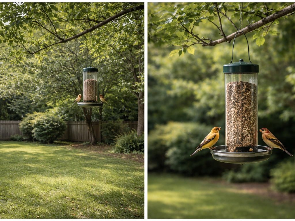 Two side-by-side views showing birds tiny in frame when feeder is far, and crisp close-ups when camera is near.