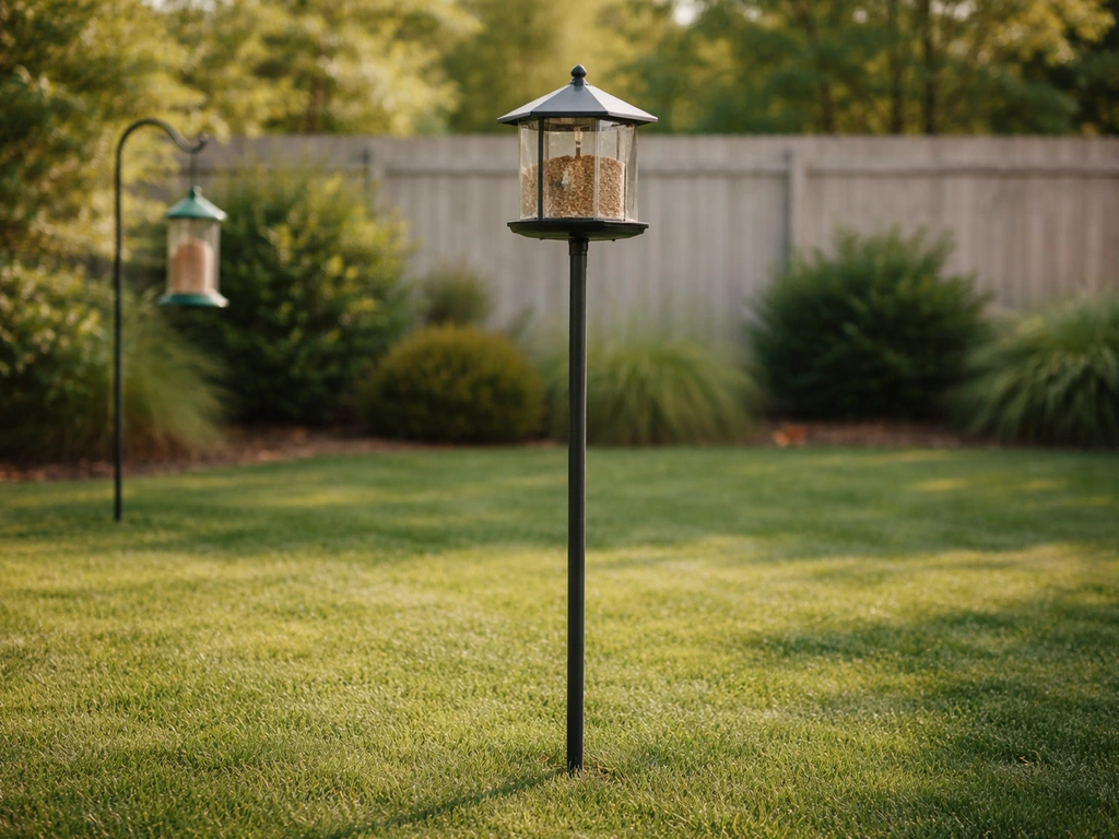 Post top bird feeder on a freestanding pole in a quiet backyard, with a nearby hanging feeder for contrast.
