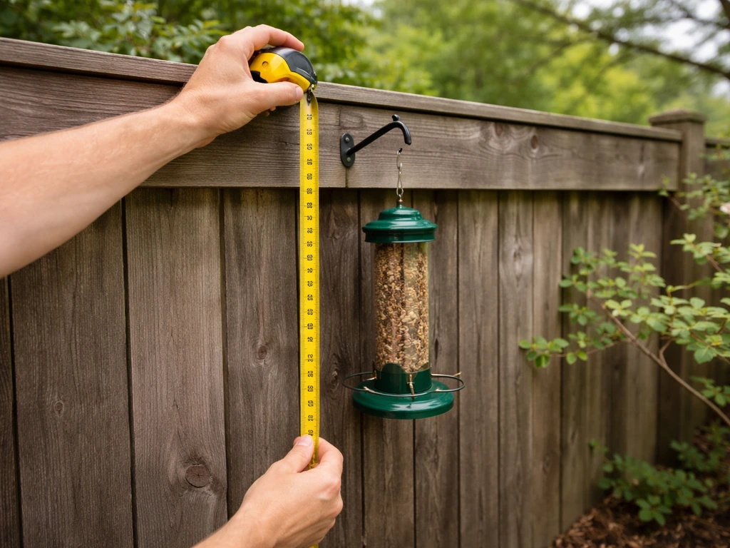 Hands use a tape measure to show a bird feeder mounted about 5 feet high near a fence and branches.