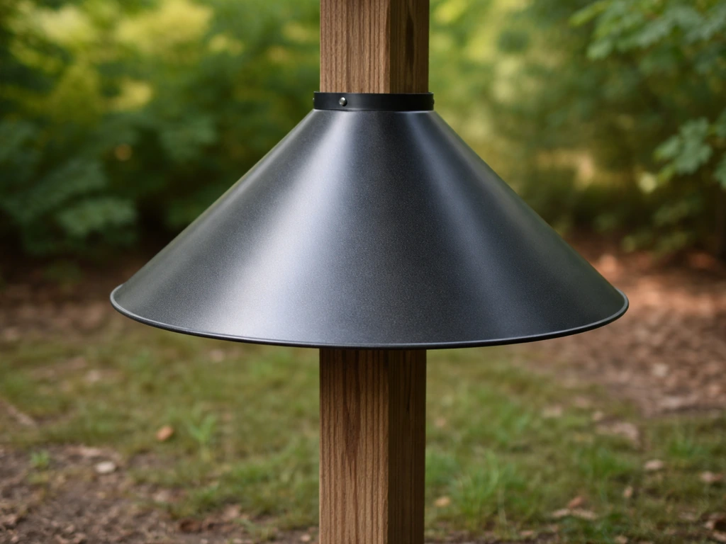 Close-up of a cone-shaped baffle fitted on a bird feeder post to stop squirrels and raccoons.
