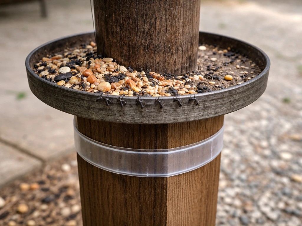 Close-up of ants on a bird feeder base with spilled seed and an ant barrier around the post.