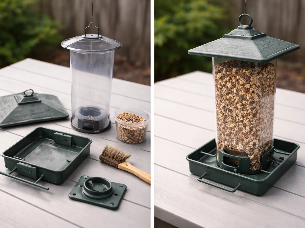 Disassembled seed feeder parts cleaned and freshly refilled with dry bird seed on a patio table.