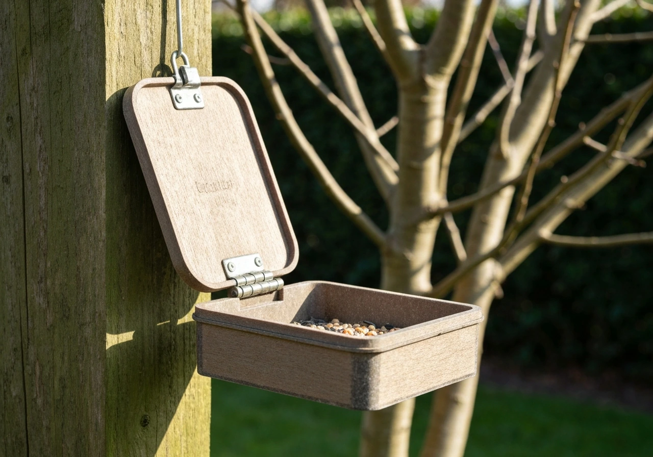 Close-up of a flip-top bird feeder with the hinged lid open, hanging in a garden with greenery behind.