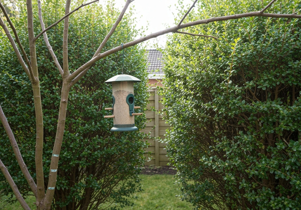 Bird feeder hanging near shrubs and trees, about 2 metres from cover in a quiet backyard garden.