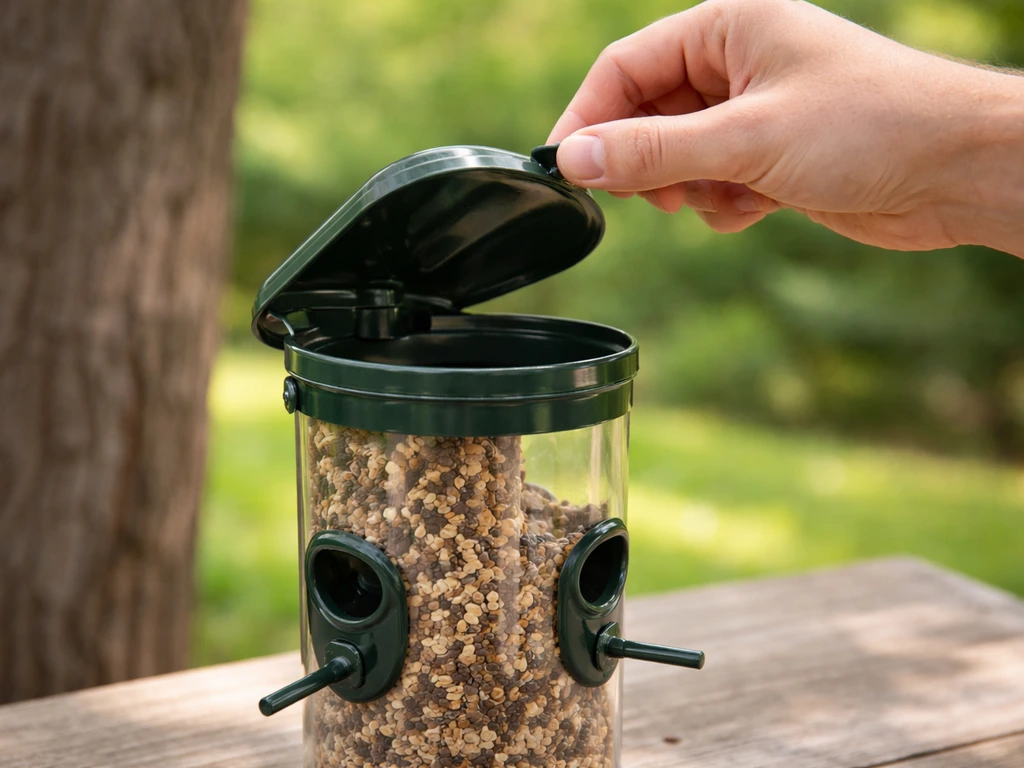 Hand flips open a hinged bird feeder lid, revealing the feeding chamber and ports