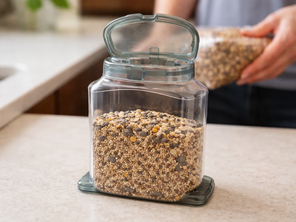 Close-up of a clear bottle-top bird feeder with lid flipped open and bird seed filled to about two-thirds
