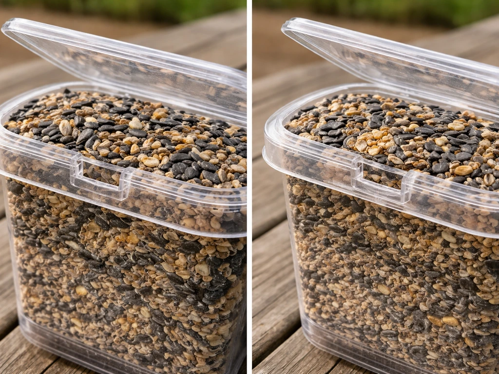 Overfilled bird feeder with lid caught on seed, showing space needed for hinge to close flush