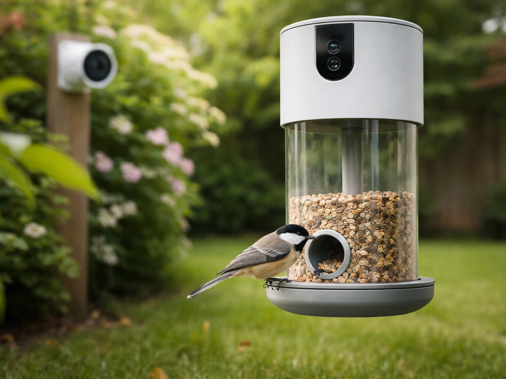 Smart bird feeder in a backyard, bird at the port, backyard camera visible for live monitoring.