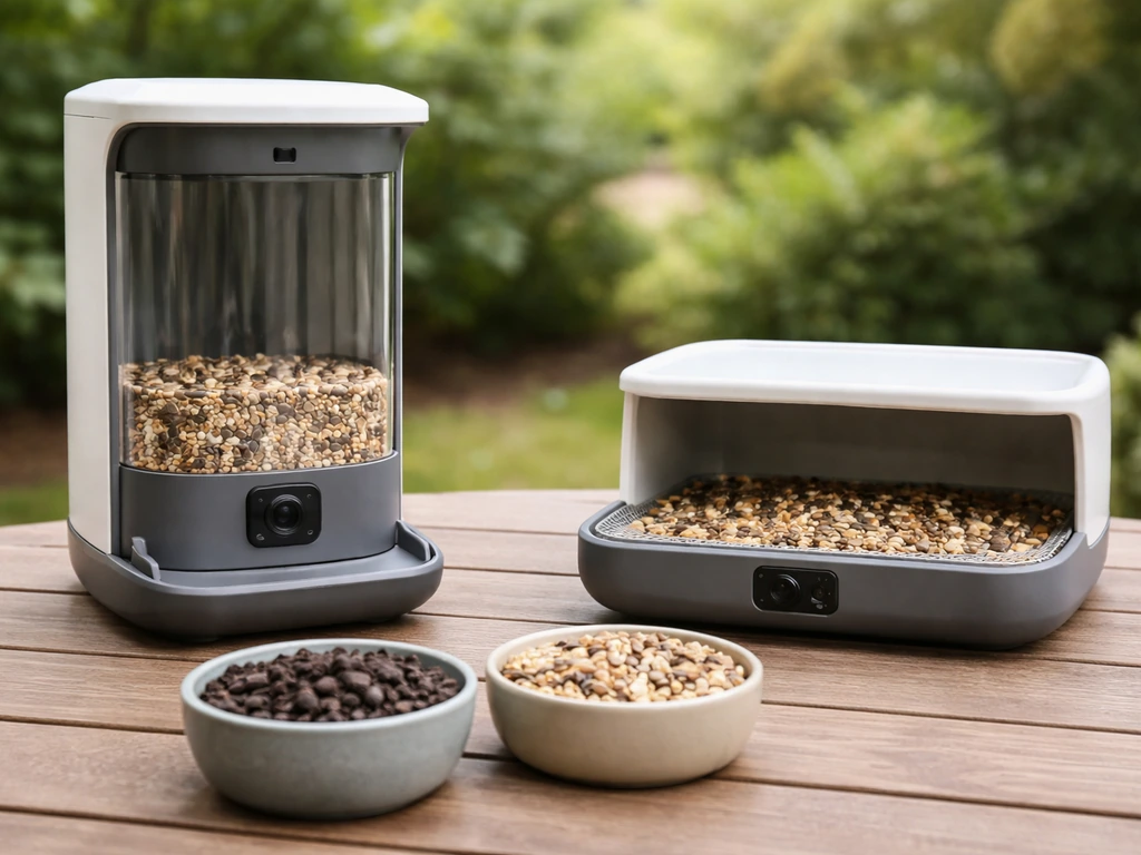 Two smart bird feeder styles side-by-side with different bird foods nearby, suggesting suet vs seed preferences.