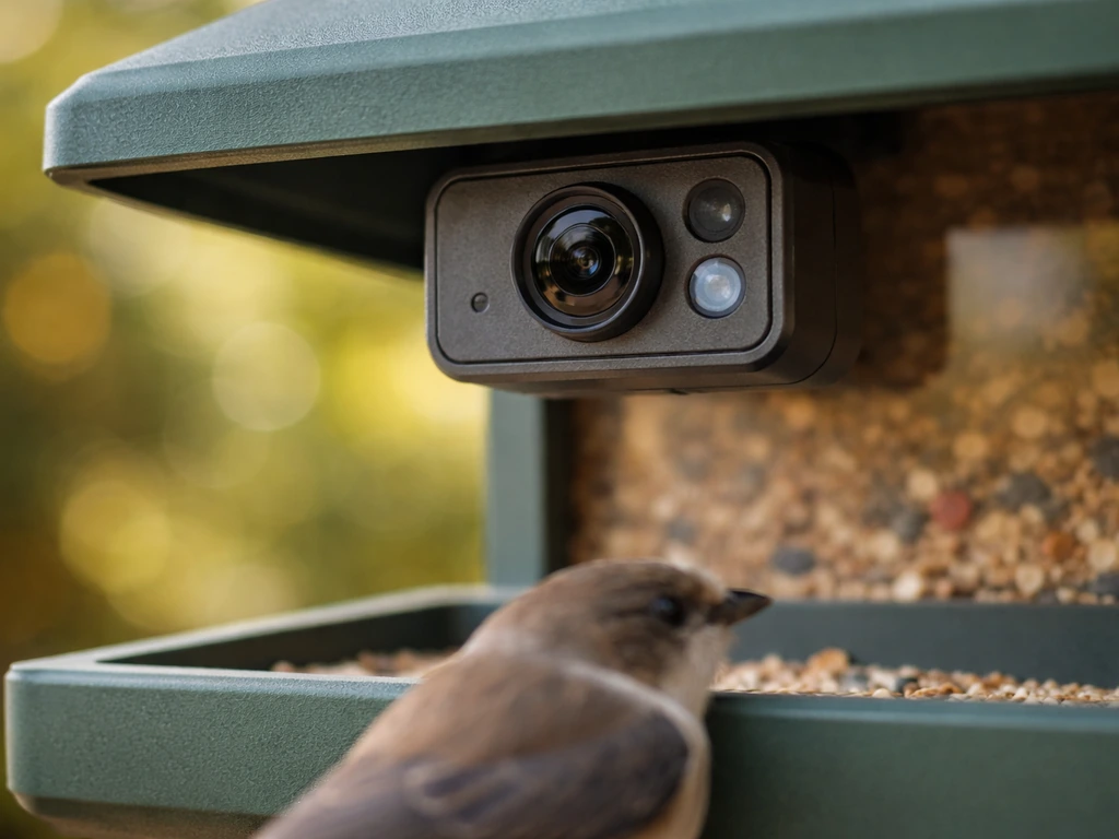 Close-up of a smart feeder camera module capturing a small bird at the feeding perch.