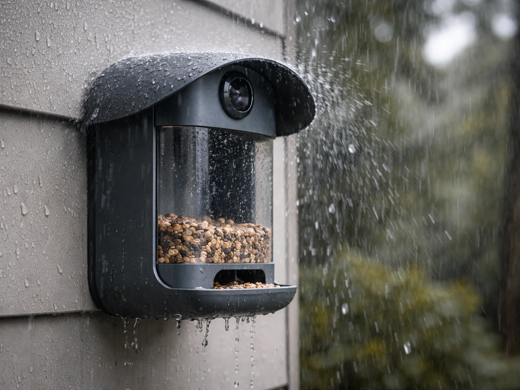 Smart metal bird feeder outdoors during heavy rain with visible water spray and intact housing