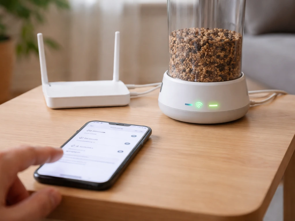 Smart feeder, Wi‑Fi router, and phone on a table with focus on 2.4 GHz connectivity setup