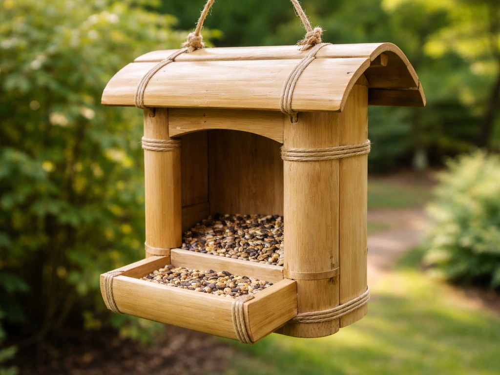 Close-up of a bamboo-body granary seed feeder in a garden, highlighting natural material texture and build quality.