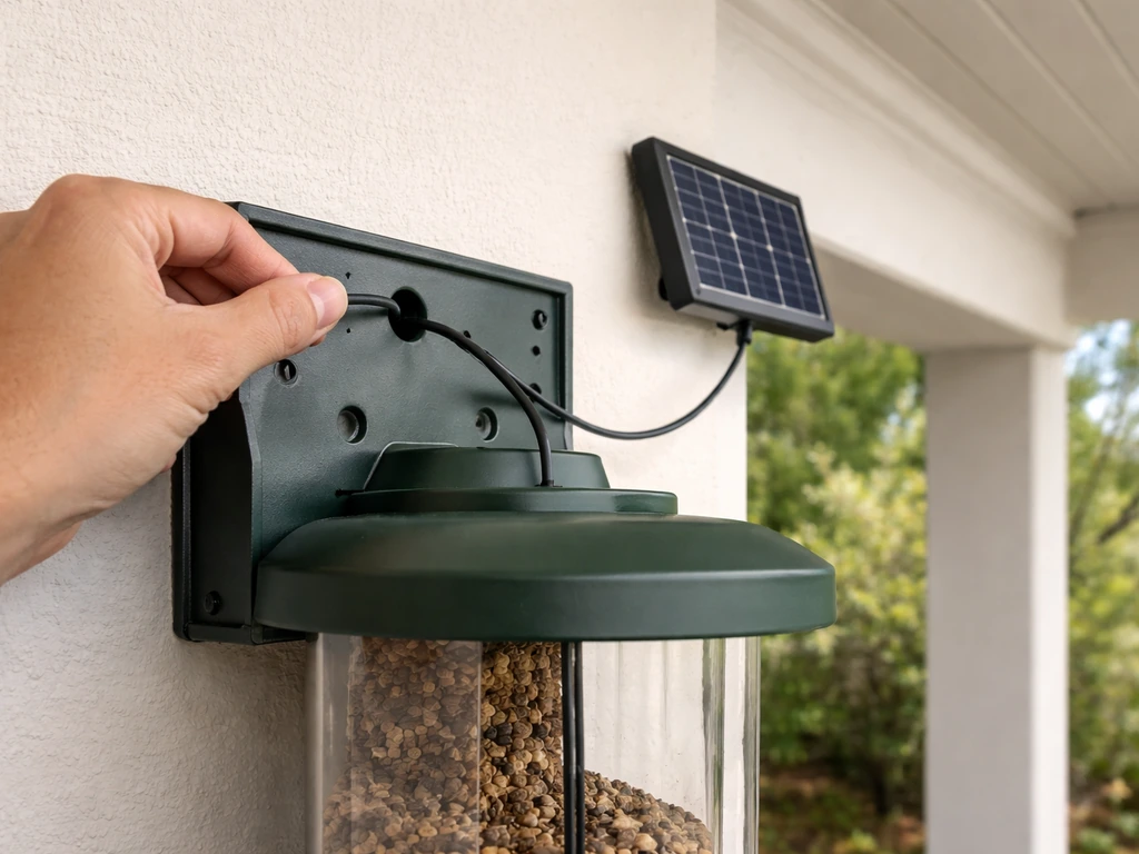 Hands mounting a solar-powered feeder and routing its solar panel cable through the back hole.