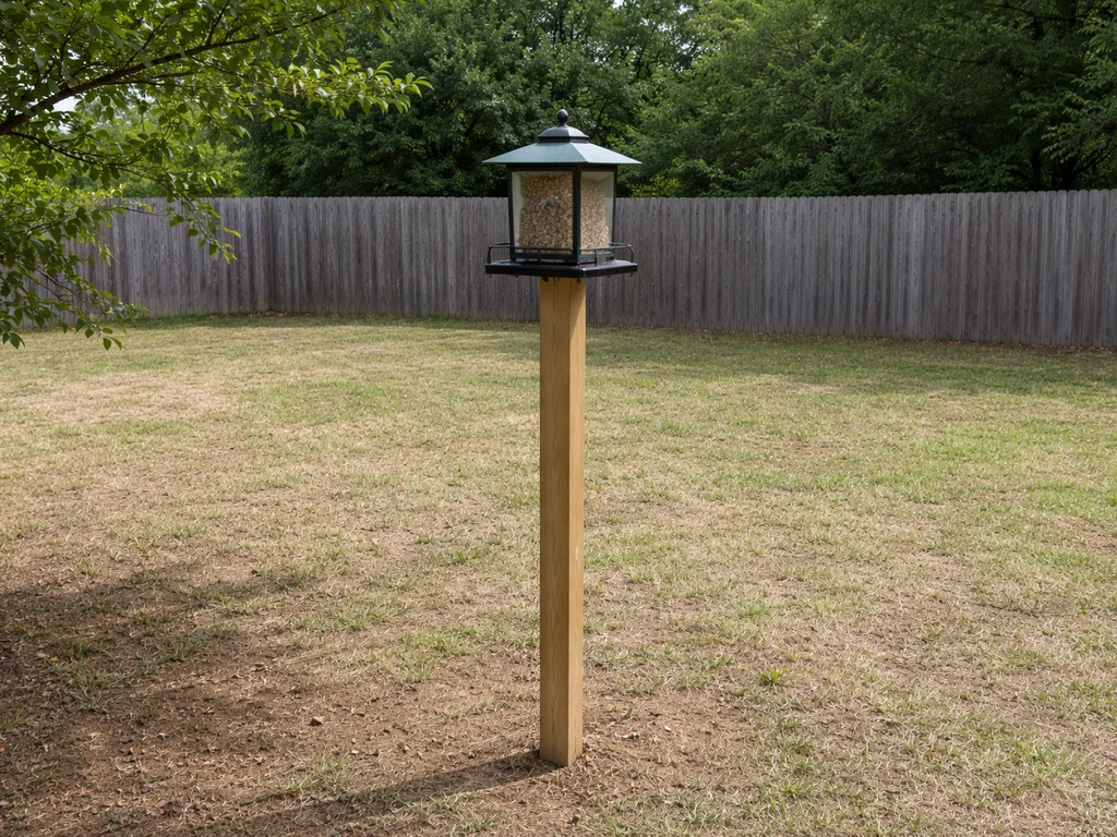 Bird feeder on a post with a clear open gap from nearby tree branches and a fence.