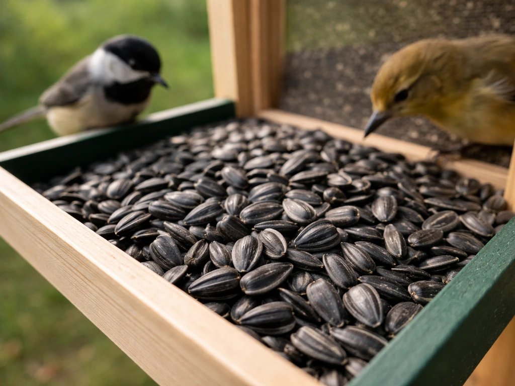 Close-up of a seed feeder tray filled with black oil sunflower seeds with small birds nearby.