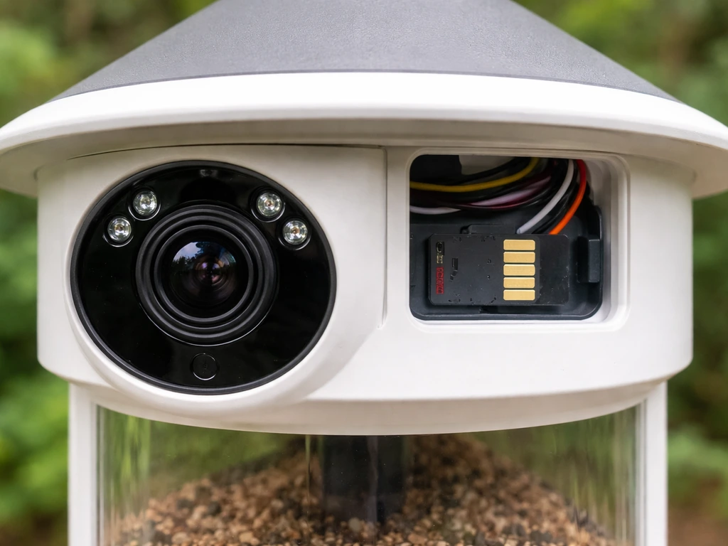 Close-up of a smart feeder camera lens with an SD card inserted near the access compartment.