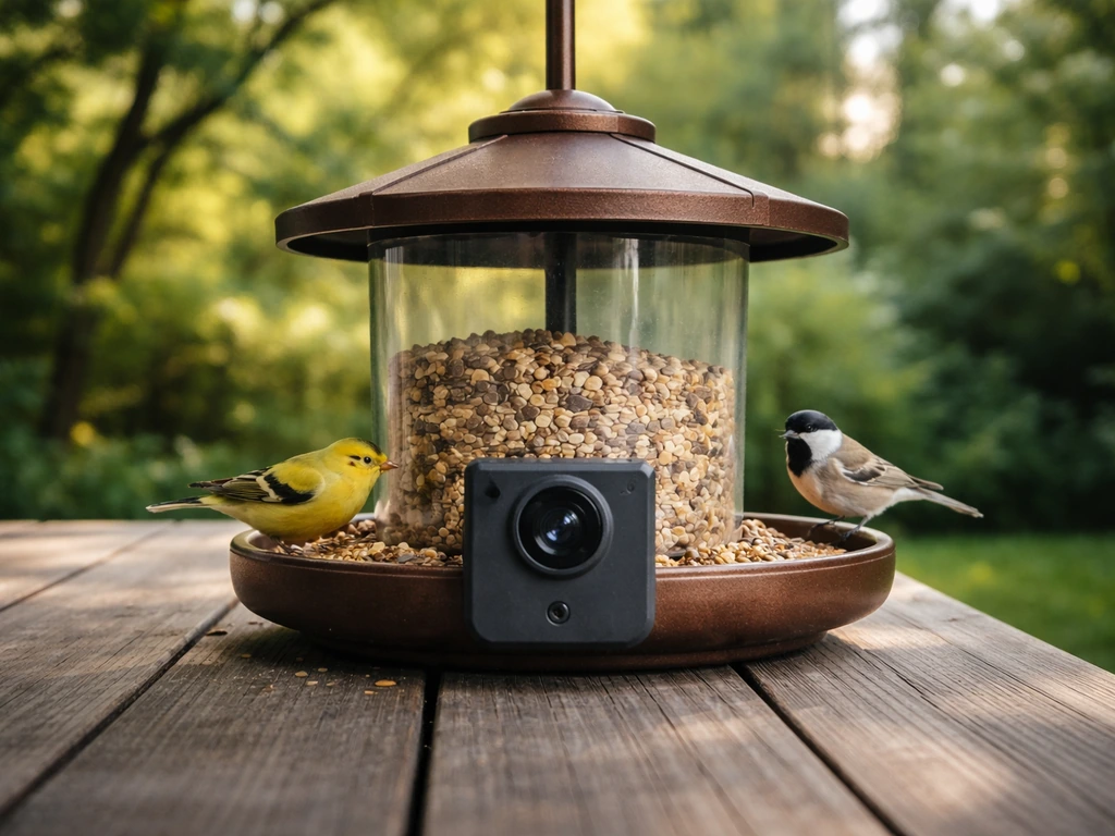Camera bird feeder on a backyard deck with a visible attached camera and small birds at the tray.