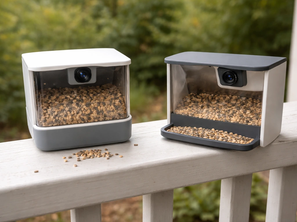 Two bird camera feeders showing a top-down lens versus an angled side lens for bird viewing.