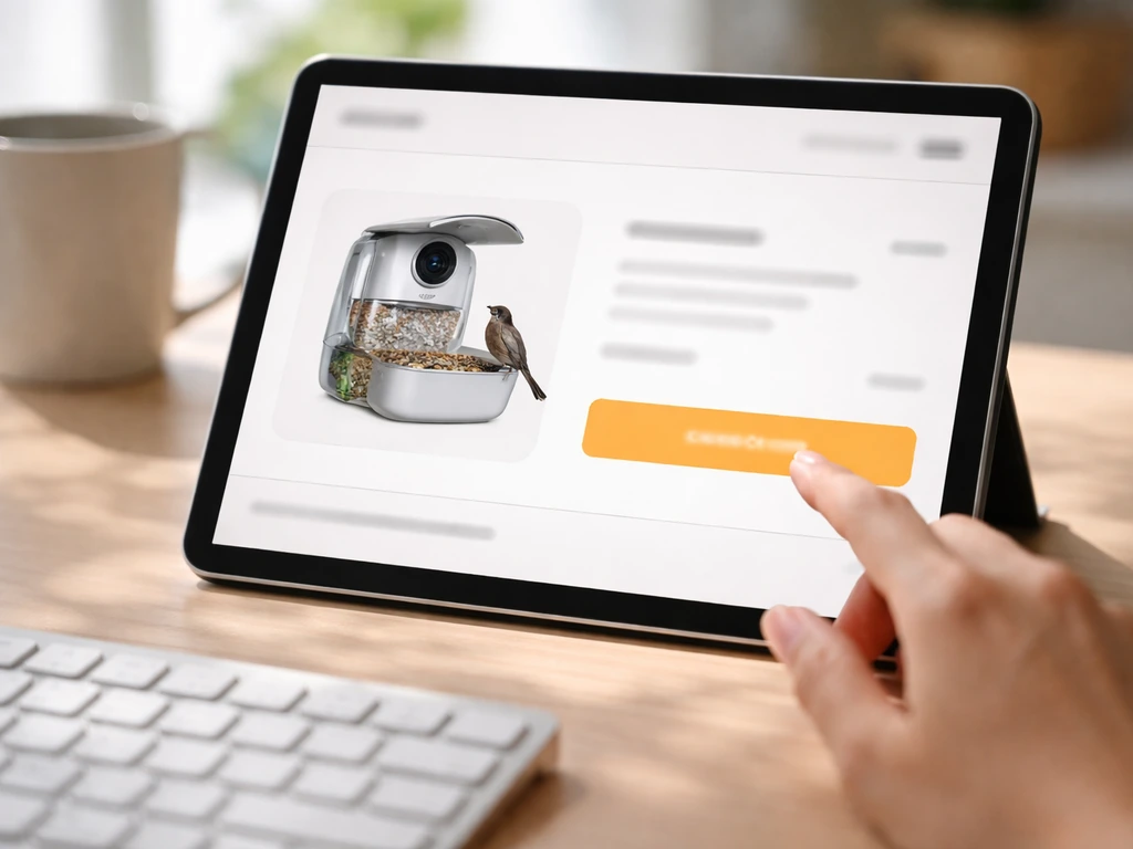 Hand hovering over a tablet showing a generic checkout layout for a camera bird feeder brand.