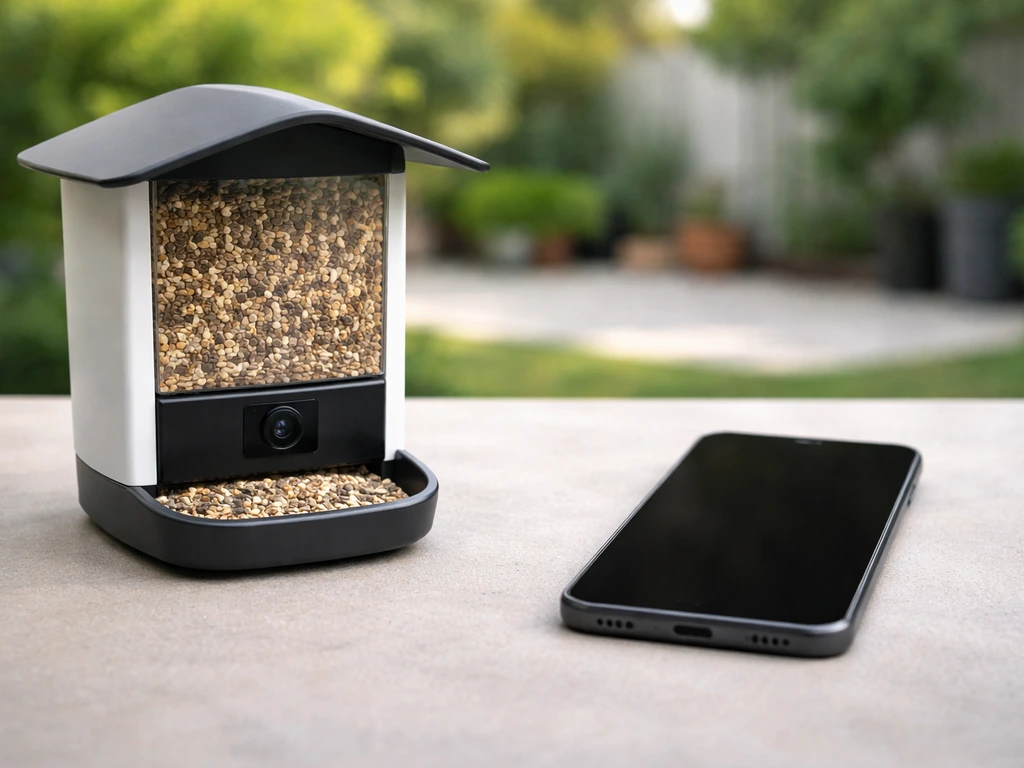 Minimal tabletop scene with a wildlife camera feeder device beside a smartphone showing app-free controls