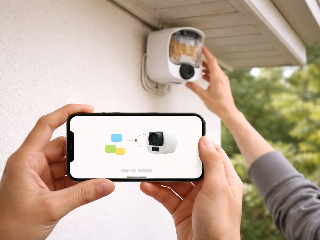 Close-up of a person pairing a camera feeder on a phone, then aligning it under a small eave.