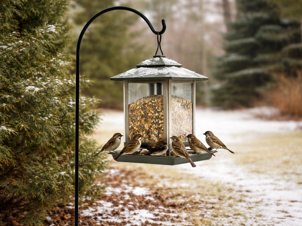 Small songbirds feeding at a winter bird feeder in a quiet backyard yard, snowy ground and evergreen nearby.