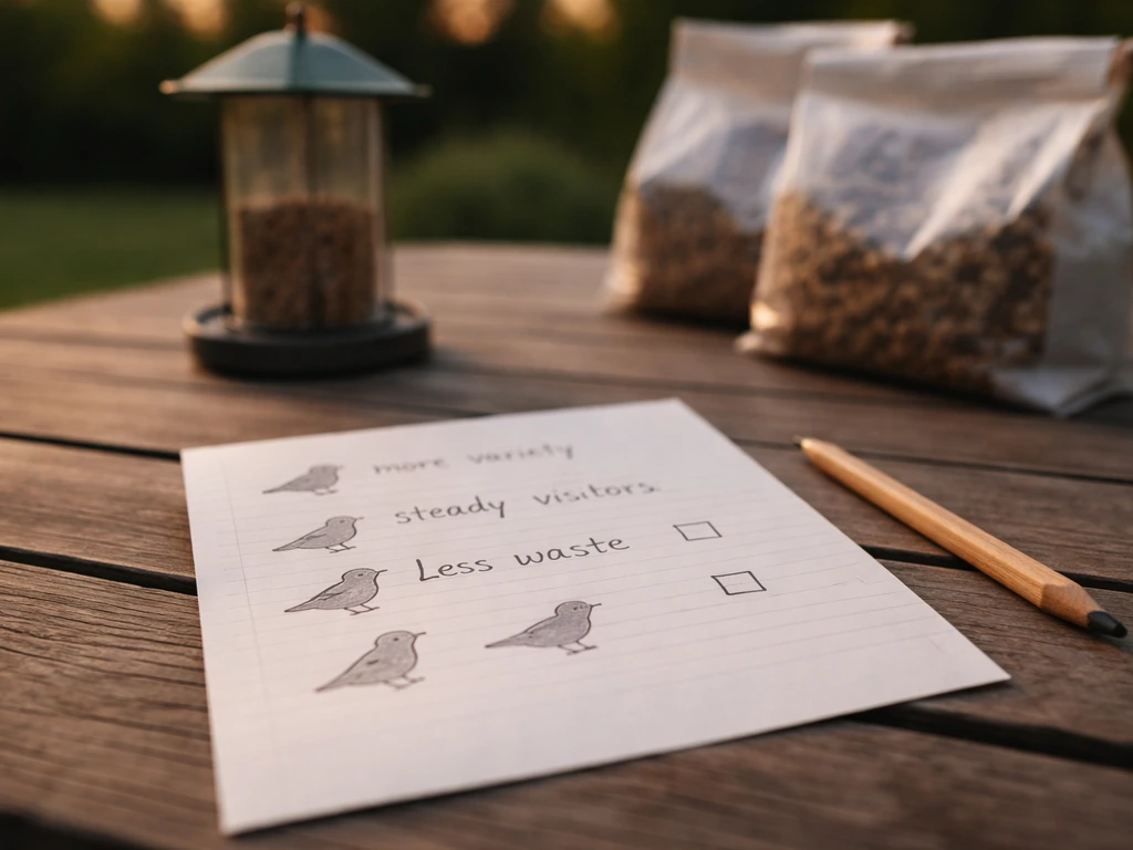 Checklist paper with generic bird silhouettes and feeding-goal checkboxes beside bird seed on a wooden table.