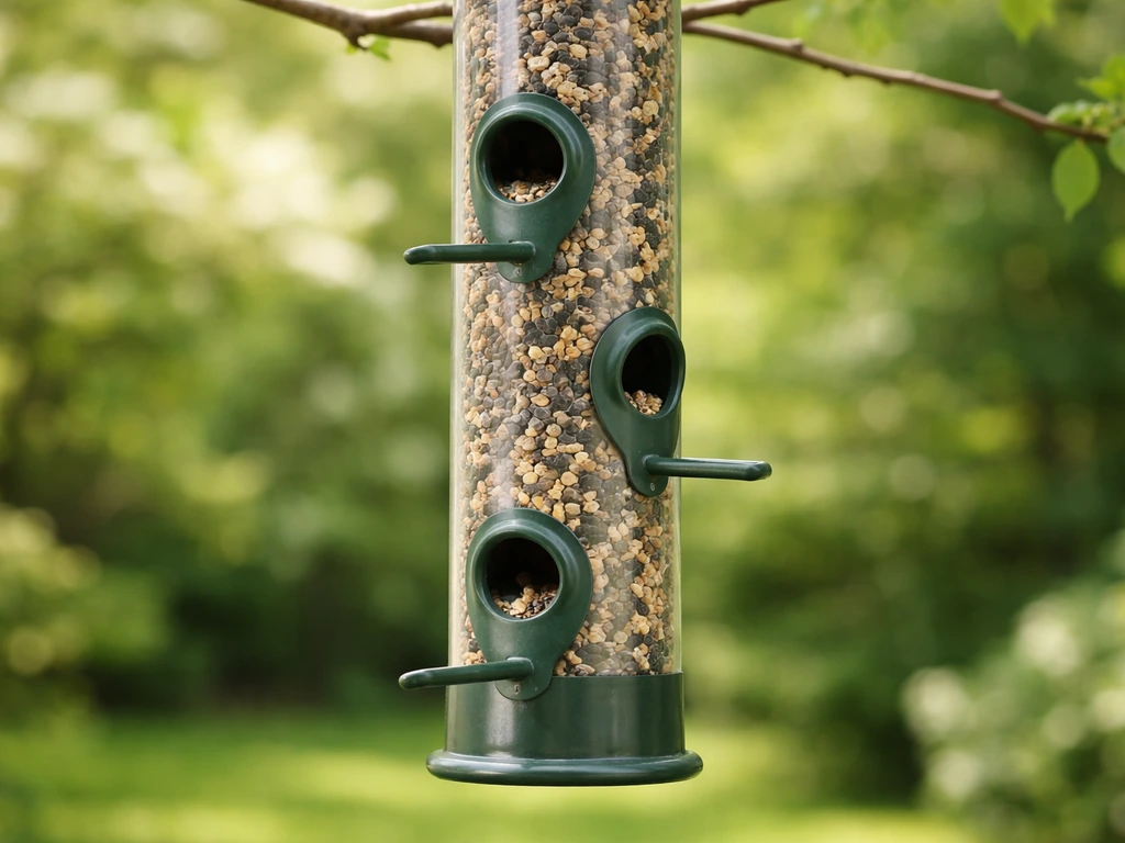 Close-up of a hanging tube bird feeder with several feeding ports and perches, no birds.