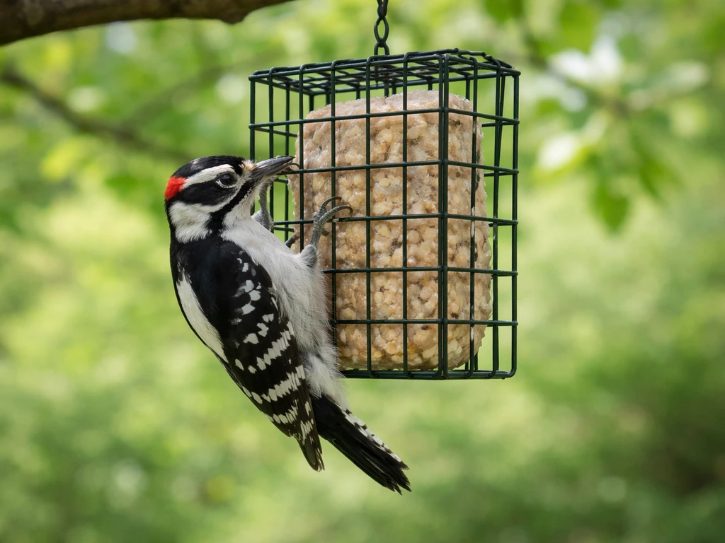 Woodpecker-like bird clings and pecks at a hanging wire suet feeder with visible suet.