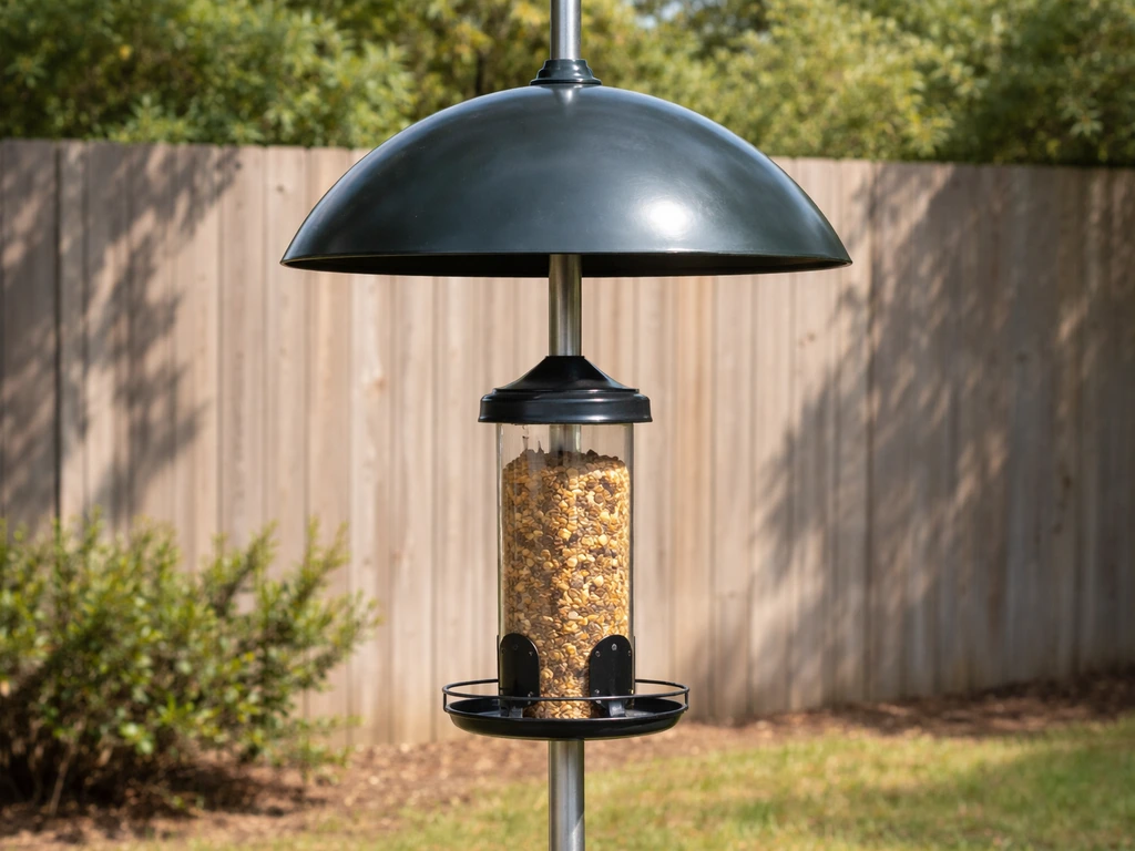 Smooth metal bird feeder pole with a torpedo-style baffle above, shown as squirrel-proofing.