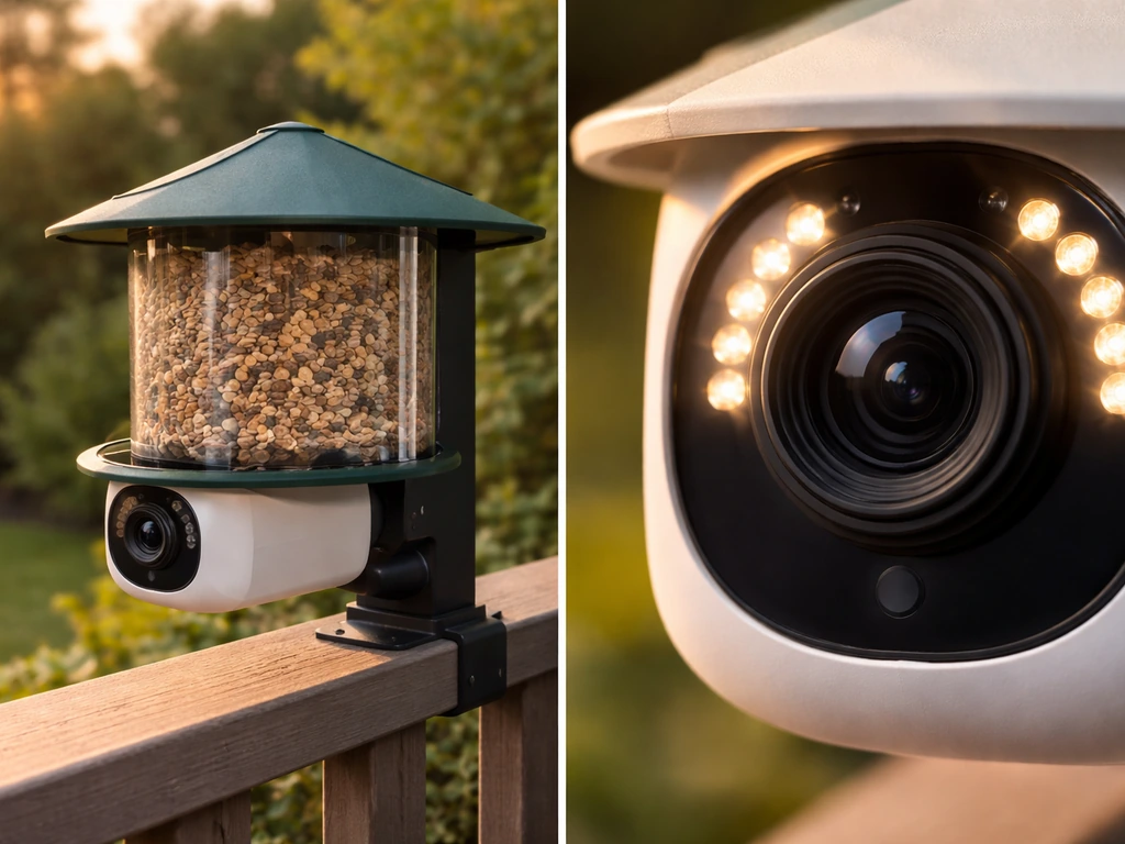 Close-up of a camera bird feeder showing lens and LED area with a separate side view highlighting 1080p and 2MP features