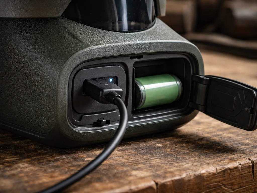 Closeup of a feeder’s charging port with a USB cable connected and the battery compartment visible.