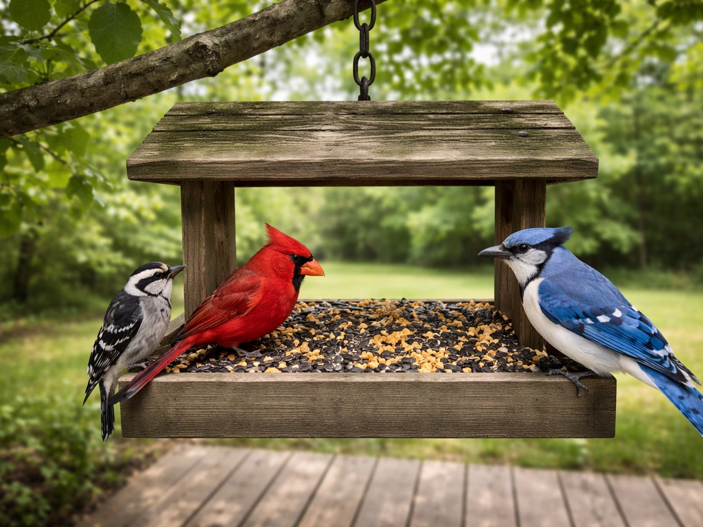 Wide-angle view of a backyard bird feeder with cardinals and blue jays feeding in natural light