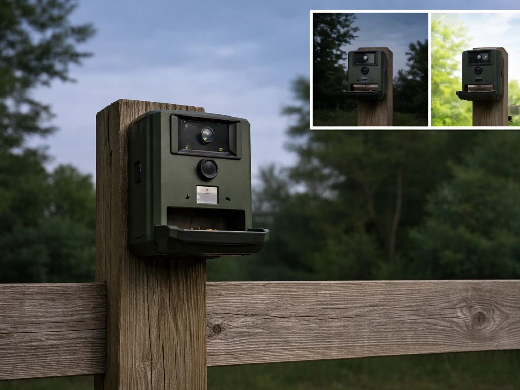 Wildlife feeder mounted on a post at ~6 ft with open sky behind the tray, plus a small brightness inset.