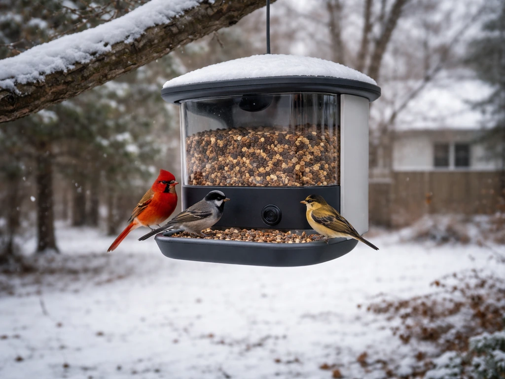 Smart bird feeder hanging in a snowy winter yard with small birds perched and feeding