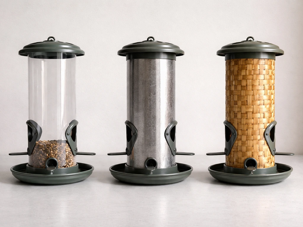 Three bird feeders side-by-side showing plastic, metal, and bamboo styles with clear material differences.