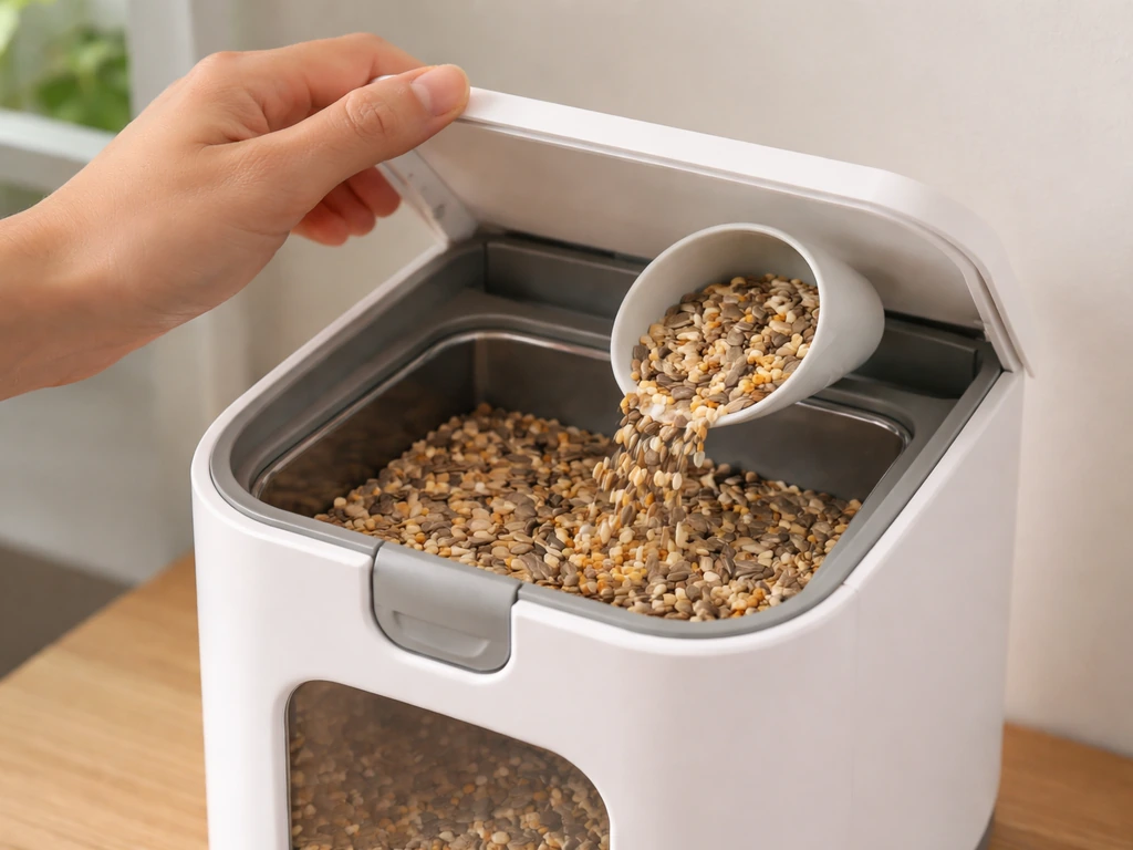 Close-up of an open seed chamber with seeds being refilled from a small container
