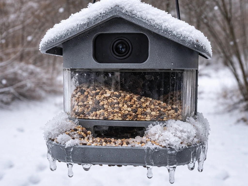 Snow and ice cling around an outdoor bird feeder’s housing and recessed lens in winter.