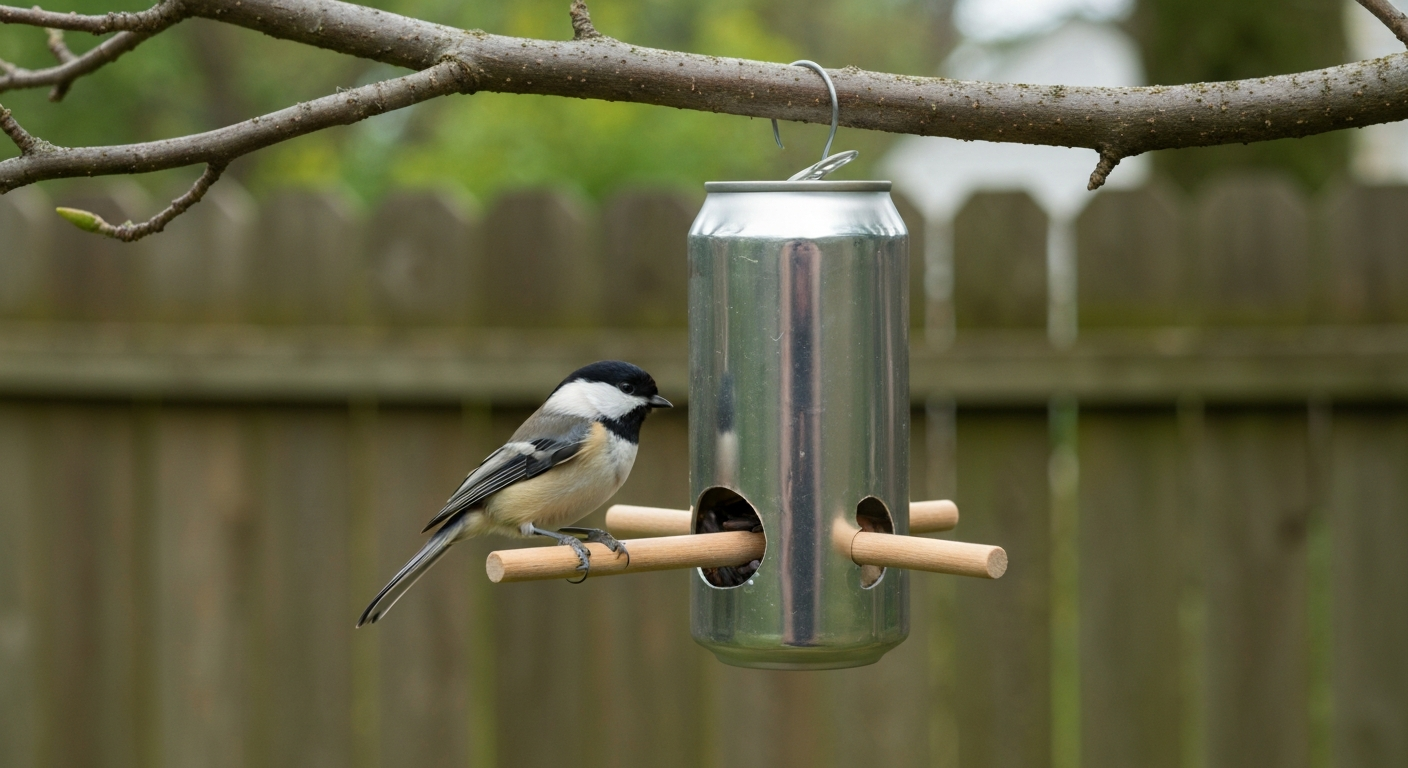 Handmade beer-can bird feeder hanging from a tree with a chickadee perched on a wooden dowel perch.