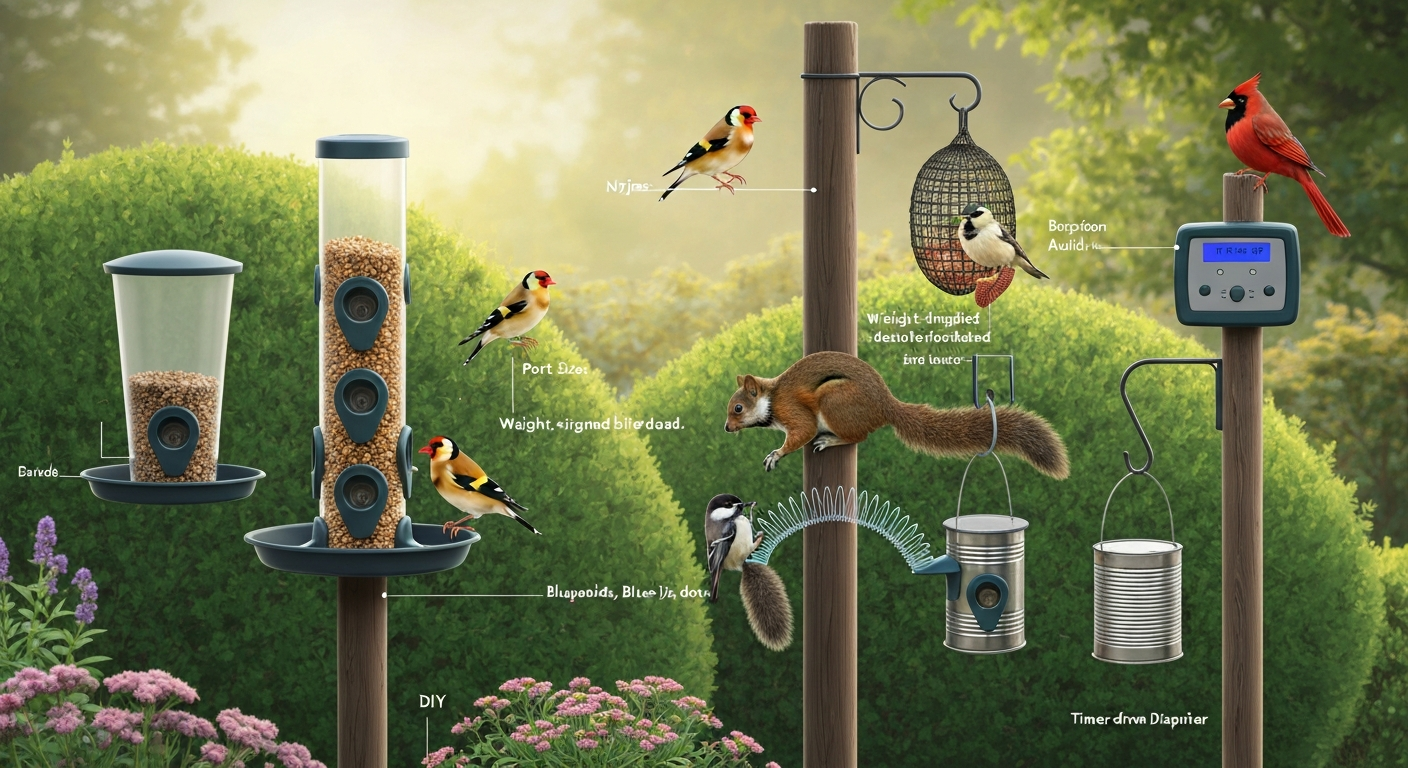 Backyard feeding station showing hopper, tube, nyjer mesh, weight-shroud, DIY can feeder, and timer dispenser with birds feeding and a squirrel deterred by a slinky.