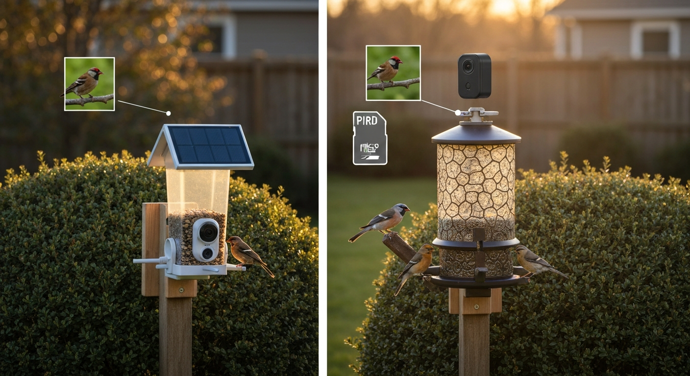 Two smart bird feeders side-by-side in a backyard at golden hour, showing a hopper-style solar-fed feeder and a modular feeder with a detachable camera; small thumbnails hint at photo quality and local storage differences.