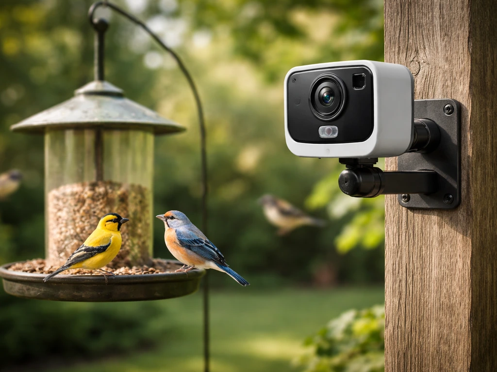 Daylight view of a bird feeder camera mounted beside a bird feeder with small birds perched nearby.
