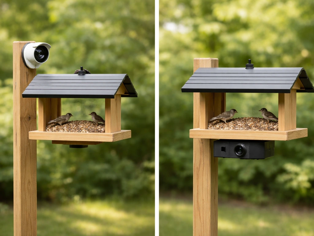 Split-scene photo showing a standalone bird feeder camera setup on the left and a feeder-integrated camera on the right.