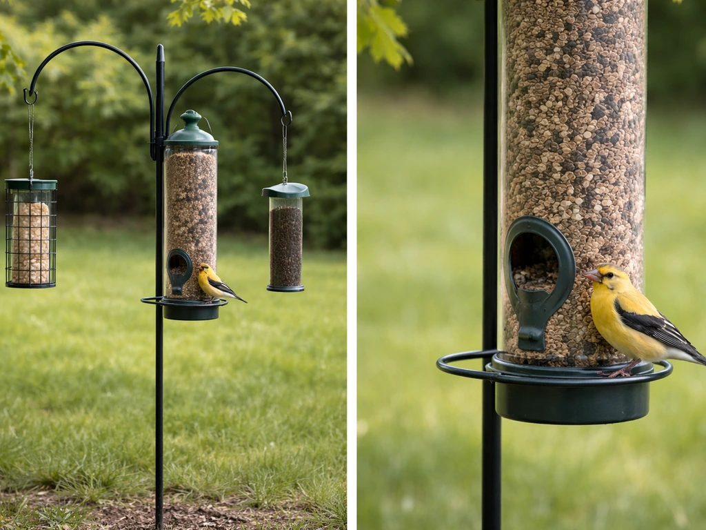 Two side-by-side views of the same bird feeder area: wide frame shows less detail, narrow frame shows sharper bird detai