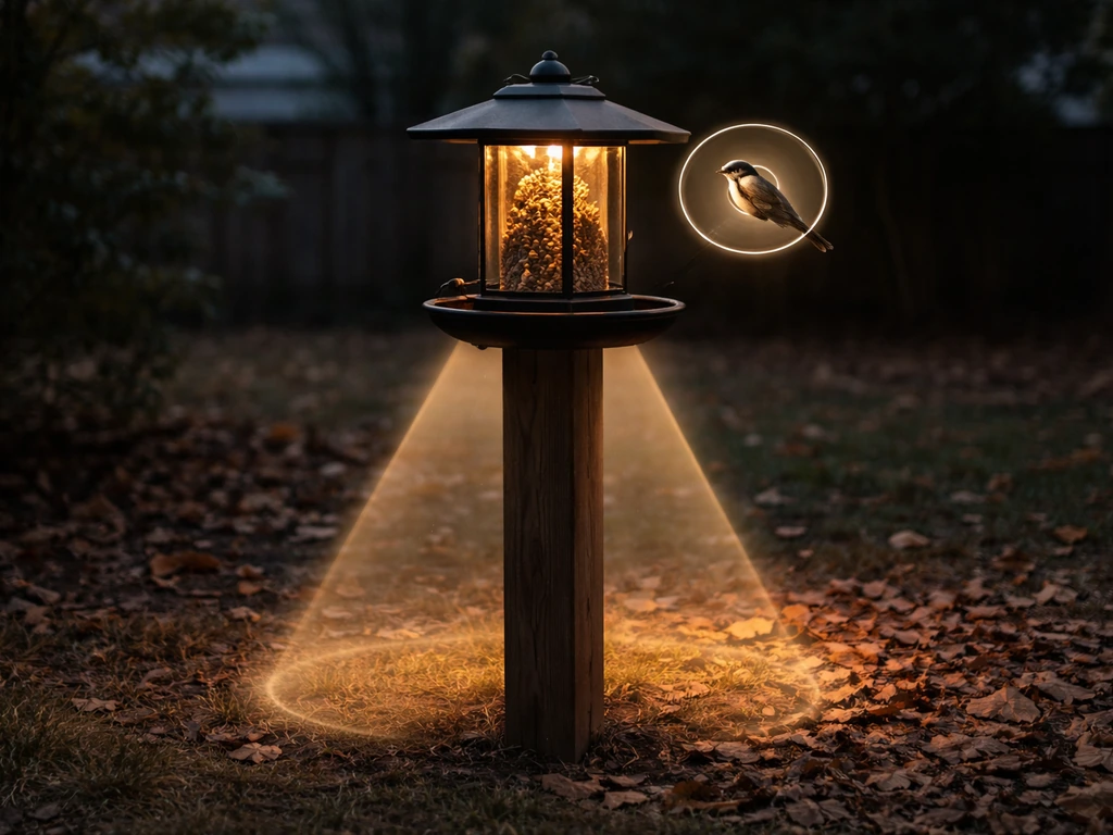 Bird feeder at dusk with faint warm detection cone and tighter object highlight near the bird.