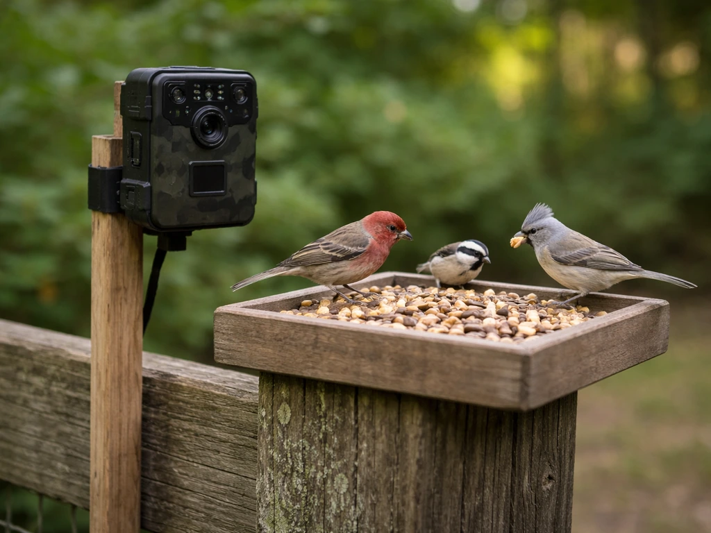 Outdoor trail camera mounted level with a bird feeder tray, angled slightly downward with birds feeding nearby.