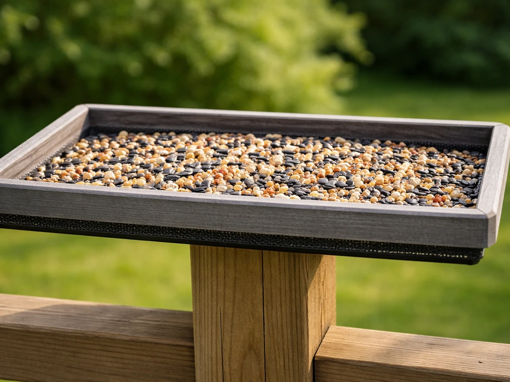Close-up of a platform bird feeder tray on a backyard post with visible seed and the low edge lip.